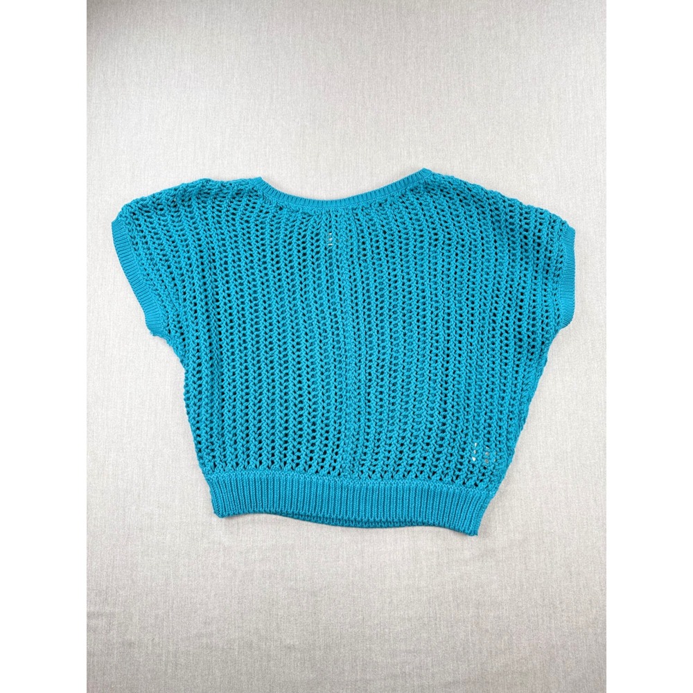 We The Free Free People Teal Blue Open Knit Crochet Sweater Vest Cotton Medium